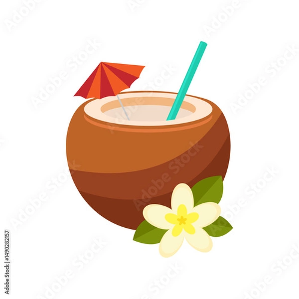 Fototapeta Brown coconut cocktail with straw, umbrella and tropical flower. Flat design. Vector illustration