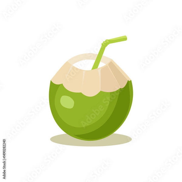 Fototapeta The concept of a summer coconut cocktail. A cold and refreshing drink for hot weather. Dessert and drink. Cartoon flat illustration on a white background