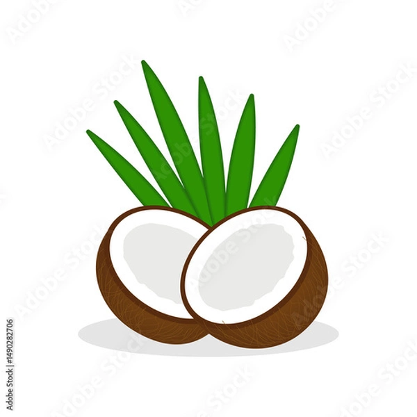 Fototapeta Two halves of a split coconut with leaves isolated on a white background. Illustration for summer design.