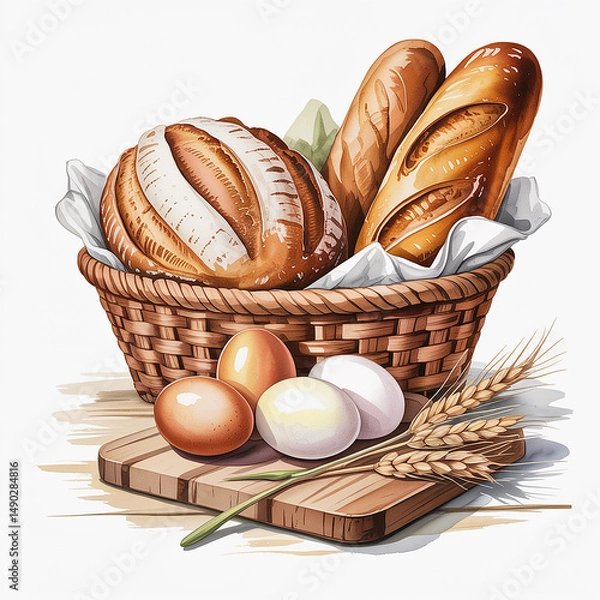 Obraz Artisan Breads and Fresh Eggs in a Rustic Basket with Wheat