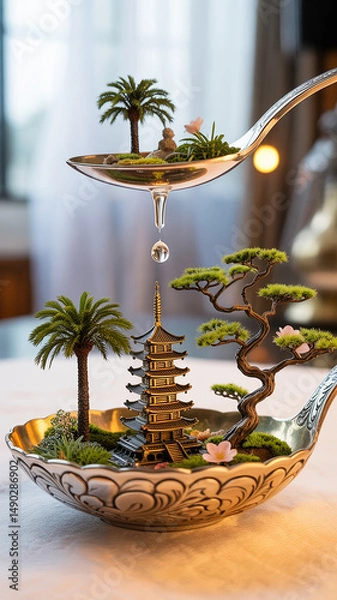 Obraz Miniature Zen Garden Scene with Pagoda and Palm Trees in a Decorative Bowl