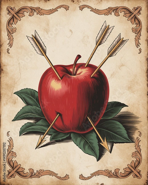 Obraz Vintage Illustration of a Red Apple Pierced by Three Arrows within an Ornate Frame