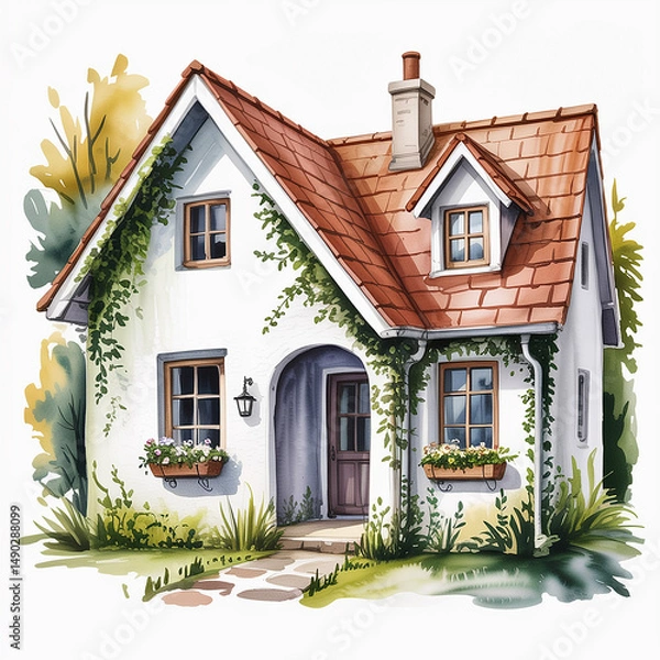 Obraz Charming Watercolor Cottage House with Ivy and Flower Boxes