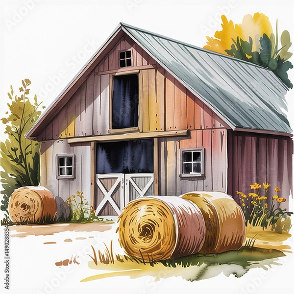 Obraz Rustic Watercolor Painting of a Barn with Hay Bales in a Farm Setting