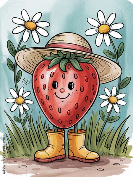 Obraz Cute Cartoon Strawberry Character Wearing a Straw Hat and Yellow Boots in a Garden with Daisies