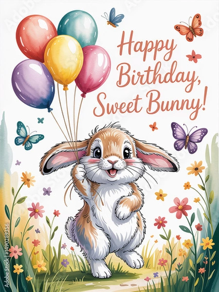 Obraz Adorable Happy Birthday Sweet Bunny with Balloons and Butterflies in a Flower Garden