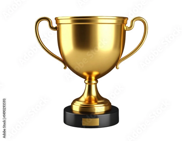 Obraz Realistic golden trophies made of polished metal, classic award shapes including cups and plaques, rendered in high detail with studio lighting on transparent PNG background