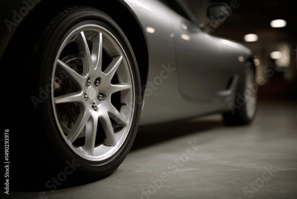 Fototapeta closeup of sports car wheel highlighting intricate details and textures with soft lighting enhancing metallic