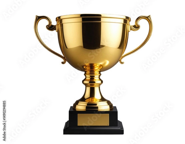 Obraz Realistic golden trophies made of polished metal, classic award shapes including cups and plaques, rendered in high detail with studio lighting on transparent PNG background