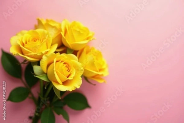 Fototapeta Soft petals unfolding from a vibrant bouquet of yellow roses on a plain background, rose, fresh flowers