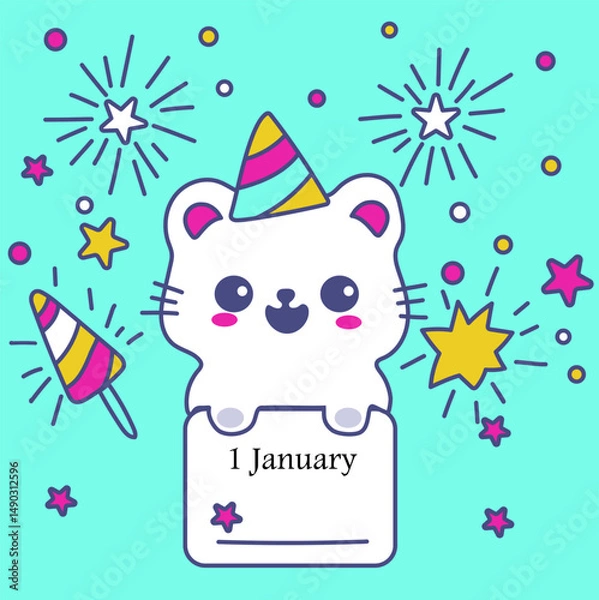 Fototapeta Flat vector illustration with cat, stars isolated fireworks 1 january event