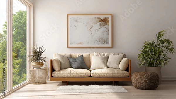 Obraz Horizontal digital frame mockup above couch, modern boho living room, daylight through big window, soft textures

