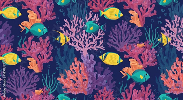 Fototapeta Colorful reef pattern with fish and coral