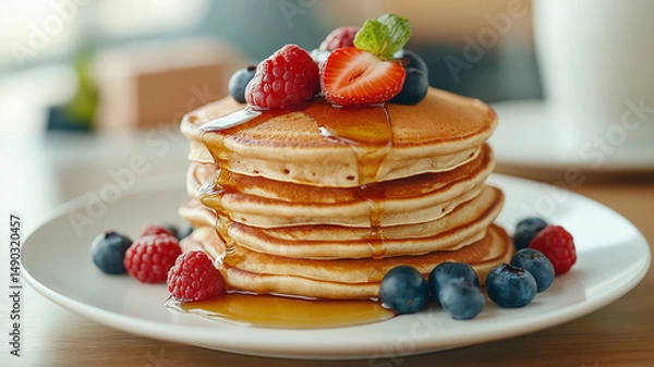 Obraz Delicious pancakes topped with berries and syrup