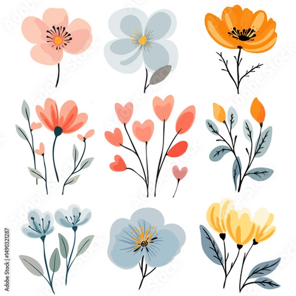 Fototapeta Set of abstract floral illustrations. Collection of hand-drawn decorative flowers in pastel and bright colors. Minimalist botanical elements in modern watercolor style. 