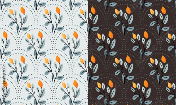 Fototapeta Seamless floral pattern with stylized flower buds and elegant leaves arranged in a symmetrical, repeating design. Suitable for fabric design, wallpaper, wrapping paper, and digital backgrounds