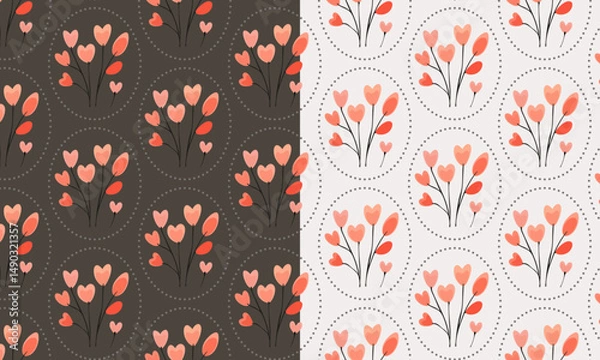 Fototapeta Seamless floral pattern with stylized flower buds and elegant leaves arranged in a symmetrical, repeating design. Suitable for fabric design, wallpaper, wrapping paper, and digital backgrounds