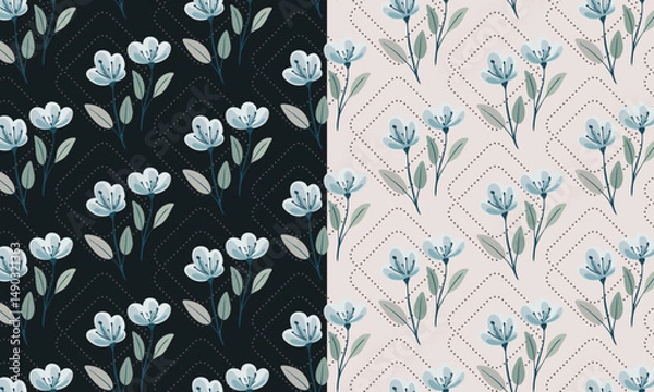 Fototapeta Seamless floral pattern with stylized flower buds and elegant leaves arranged in a symmetrical, repeating design. Suitable for fabric design, wallpaper, wrapping paper, and digital backgrounds