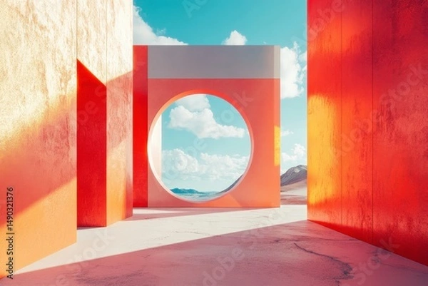 Fototapeta Surreal architectural scene with vibrant orange structures.