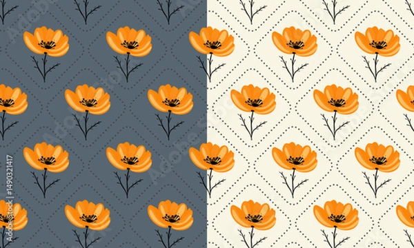 Fototapeta Seamless floral pattern with stylized flower buds and elegant leaves arranged in a symmetrical, repeating design. Suitable for fabric design, wallpaper, wrapping paper, and digital backgrounds