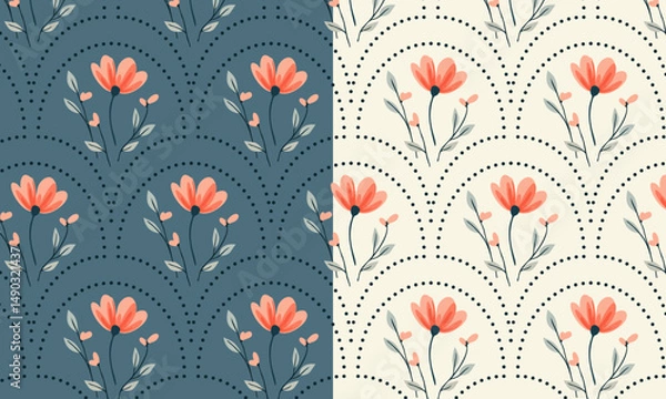 Fototapeta Seamless floral pattern with stylized flower buds and elegant leaves arranged in a symmetrical, repeating design. Suitable for fabric design, wallpaper, wrapping paper, and digital backgrounds