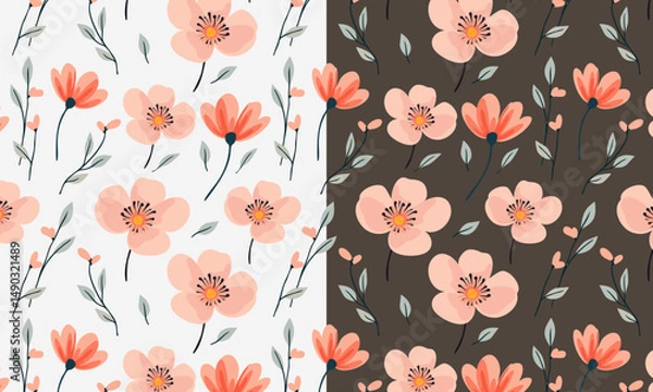 Fototapeta Seamless floral pattern with stylized flower buds and elegant leaves arranged in a symmetrical, repeating design. Suitable for fabric design, wallpaper, wrapping paper, and digital backgrounds
