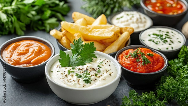Obraz Delicious sauces and fries with fresh herbs