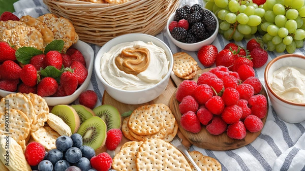 Obraz Fresh fruits and snacks arranged beautifully for picnic