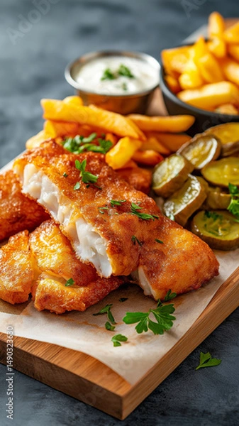 Obraz Crispy fried fish with fries and pickles, delicious meal