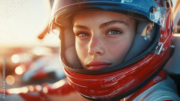 Obraz Racing driver in helmet, focused expression, sunset background