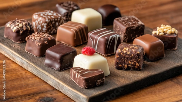 Obraz Delicious assorted chocolates on wooden platter
