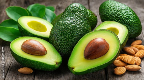 Obraz Fresh avocados with almonds on wooden surface
