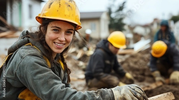 Obraz Dedicated volunteers work together to rebuild homes and communities in the aftermath of a natural disaster, showcasing resilience and teamwork.