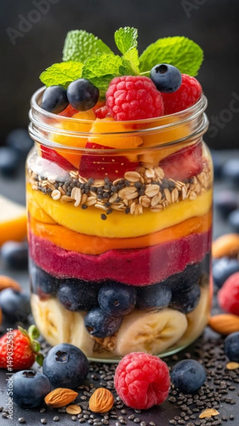 Obraz Delicious layered fruit parfait with oats and nuts
