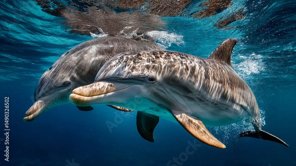 Obraz A couple of dolphins captured in crystal-clear underwater