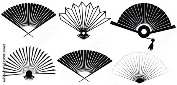Fototapeta Hand Fan Icon Set – Folding & Rigid Styles in Black and White Vector Collection