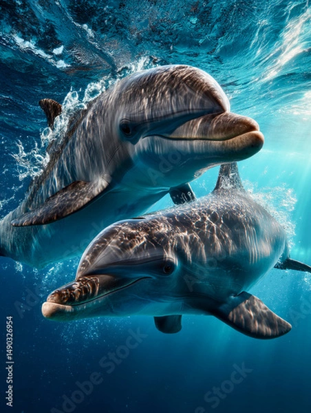 Obraz A couple of dolphins captured in crystal-clear underwater