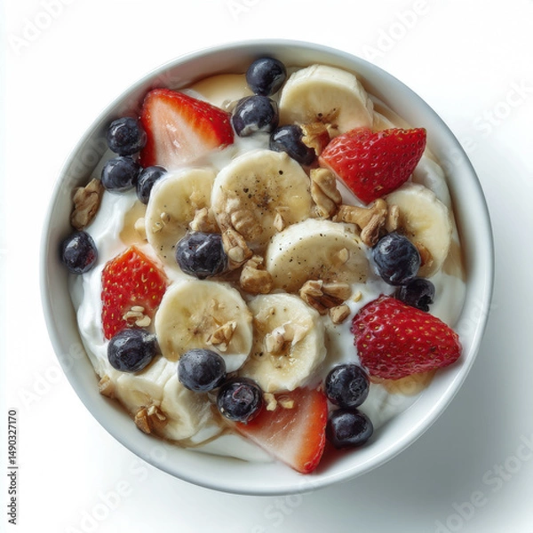 Fototapeta Fresh fruit yogurt bowl with sliced bananas strawberries blueberries and chopped nuts topped with creamy yogurt served in a white bowl