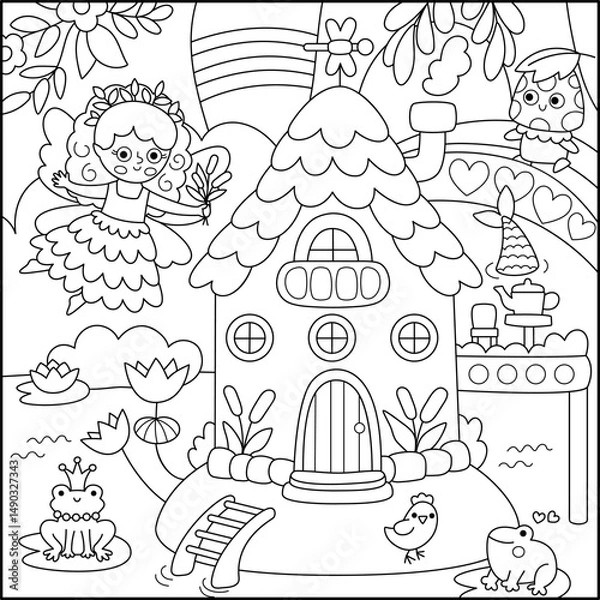 Fototapeta Vector black and white square fairyland background with swamp fairy, house, reeds. Magic land line landscape. Woodland scenery with princess. Fantasy forest scene illustration, coloring page