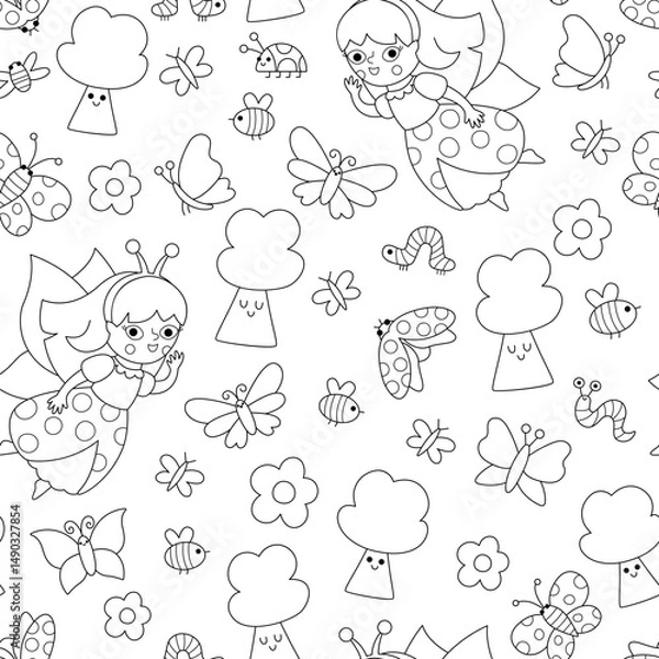 Fototapeta Vector black and white fairy bug seamless pattern. Line repeat background with girl. Woodland princess digital paper. Fantasy forest, magic garden coloring page with fairytale creature, butterfly