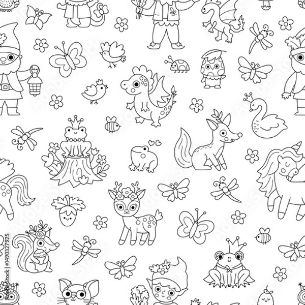 Fototapeta Vector black and white magic creature seamless pattern. Line repeat background with fairytale characters. Woodland fantasy animal digital paper. Forest fairy tale coloring page