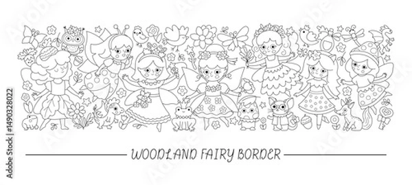 Fototapeta Vector black and white woodland acorn, flower, bug and berry fairy horizontal set with fairytale creatures. Magic garden card template, frame design for banner, invitation, coloring page