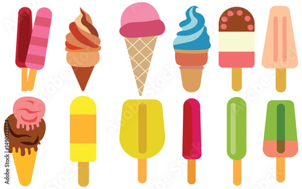 Fototapeta Summer Ice Cream icon Vector Pack. Collection of Cones, Popsicles , Summer Treats, Assorted Flavors, Toppings and Snacks in Modern Illustration Style
