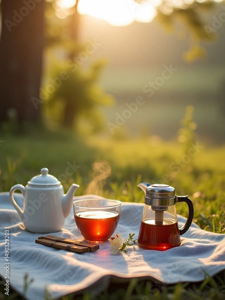 Fototapeta Enjoying a warm cup of tea at sunset in a serene outdoor setting surrounded by nature
