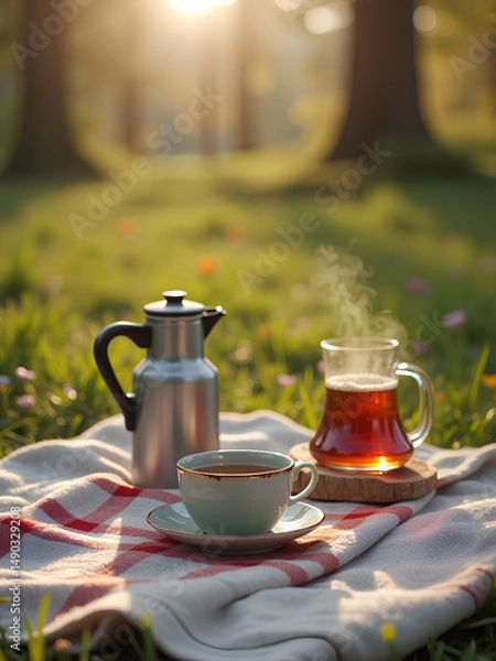 Fototapeta Warm tea and coffee set on a blanket in a sunlit forest during late afternoon