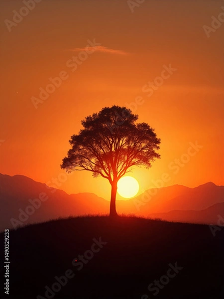 Fototapeta Majestic silhouette of a tree against a vibrant sunset behind mountains at dusk