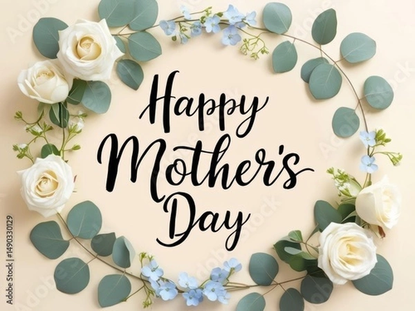 Obraz banner with the inscription Happy Mother's Day and white roses and blue flower 2