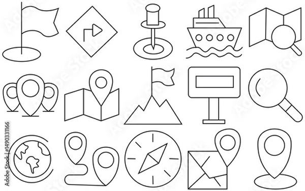 Fototapeta Map and Navigation Icon Set. Editable Vector Outlines of GPS, Routes, Pins and Destinations