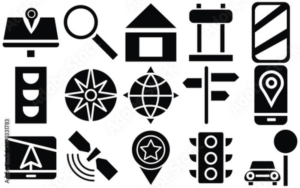 Fototapeta Map and Navigation Icon Set. Editable Vector Outlines of GPS, Routes, Pins and Destinations