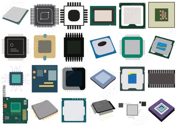 Fototapeta CPU Microprocessor and Electronic Chip Icon Set. Vector Illustrations of Microchip and Circuit Board in Multiple Styles